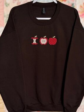Apple Trio Patchwork Embroidered Large Chocolate Brown Crewneck Sweatshirt